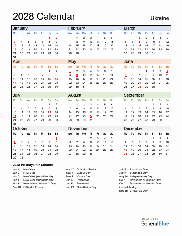 Calendar 2028 with Ukraine Holidays