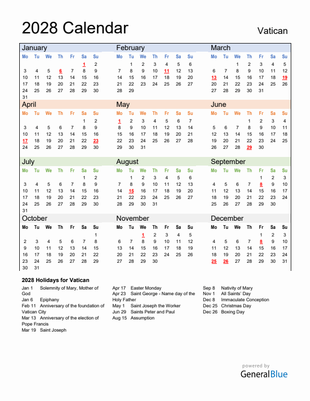 Calendar 2028 with Vatican Holidays