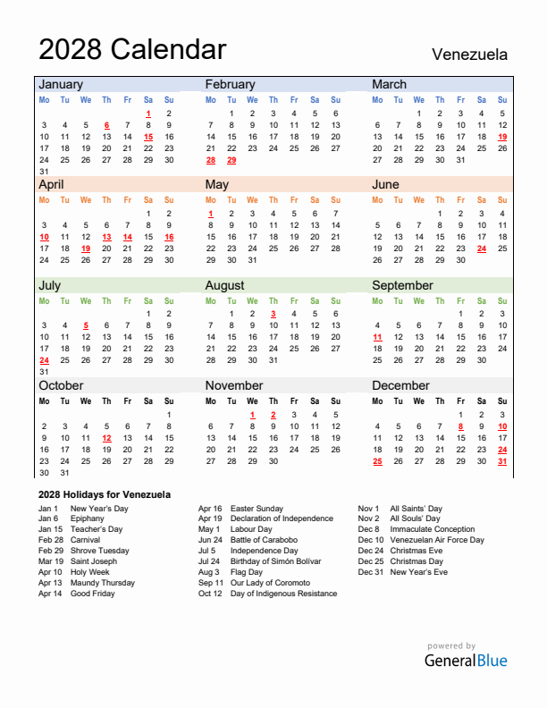 Calendar 2028 with Venezuela Holidays