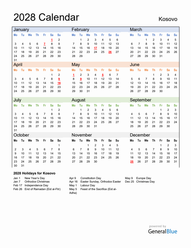 Calendar 2028 with Kosovo Holidays