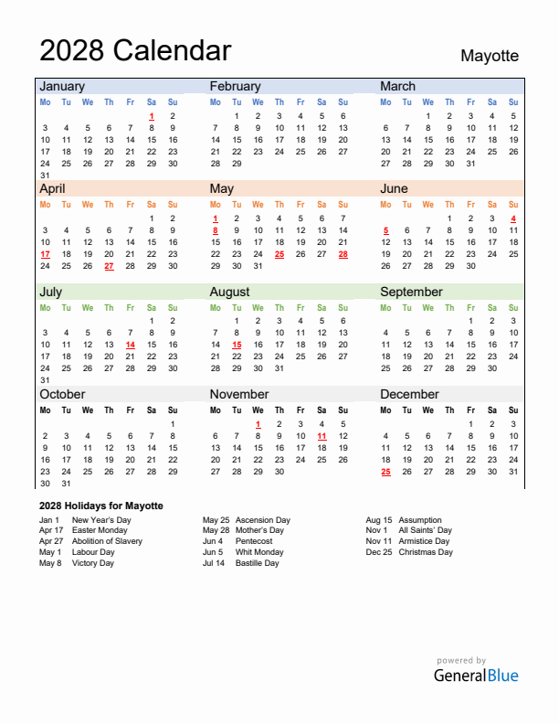 Calendar 2028 with Mayotte Holidays