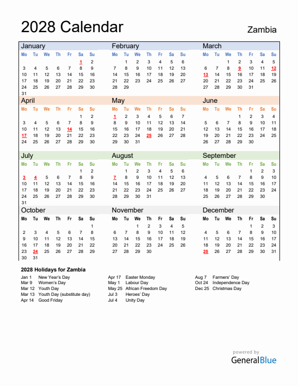 Calendar 2028 with Zambia Holidays