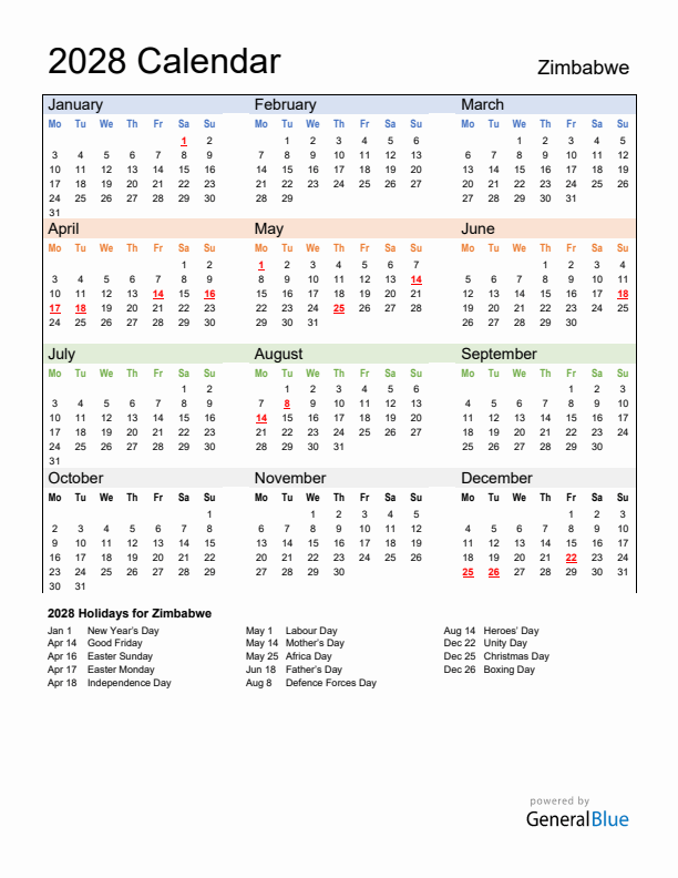 Calendar 2028 with Zimbabwe Holidays