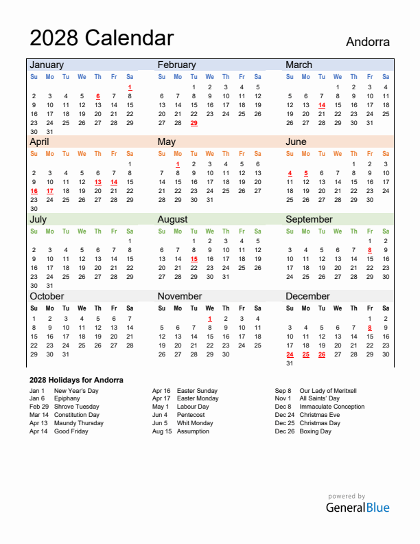 Calendar 2028 with Andorra Holidays