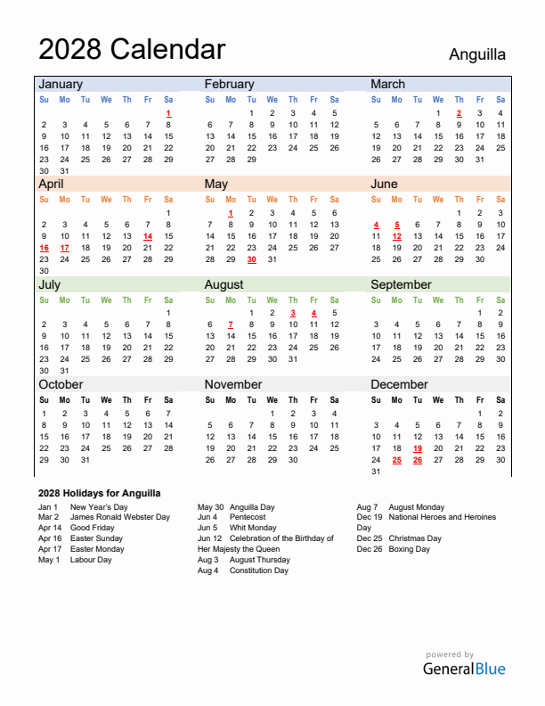 Calendar 2028 with Anguilla Holidays