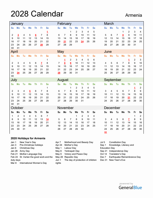 Calendar 2028 with Armenia Holidays