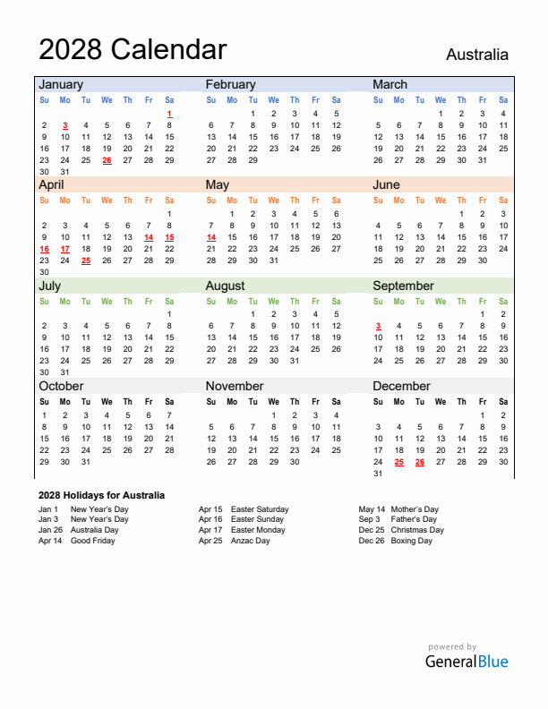 Calendar 2028 with Australia Holidays