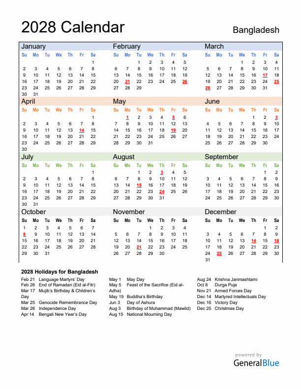 Calendar 2028 with Bangladesh Holidays