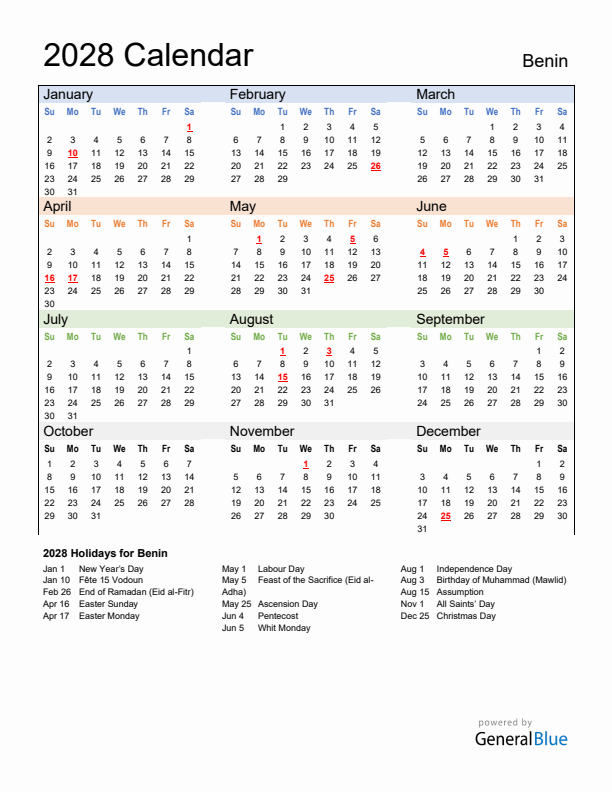 Calendar 2028 with Benin Holidays