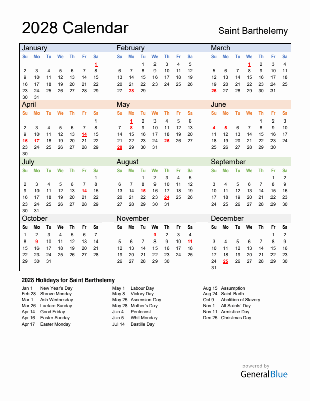 Calendar 2028 with Saint Barthelemy Holidays