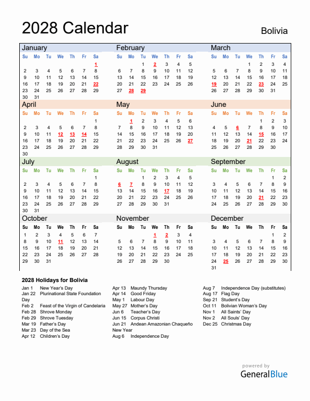 Calendar 2028 with Bolivia Holidays