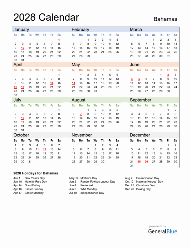 Calendar 2028 with Bahamas Holidays