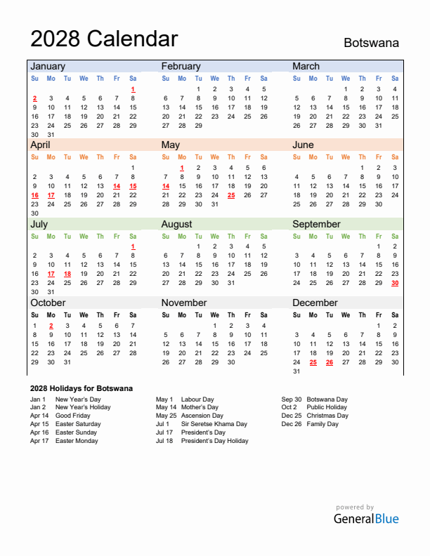 Calendar 2028 with Botswana Holidays