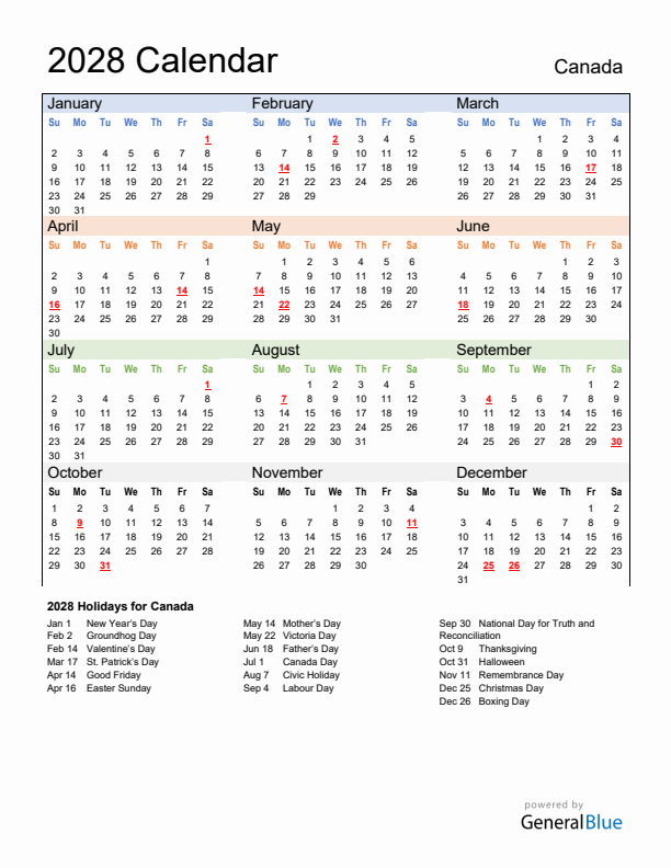 Calendar 2028 with Canada Holidays
