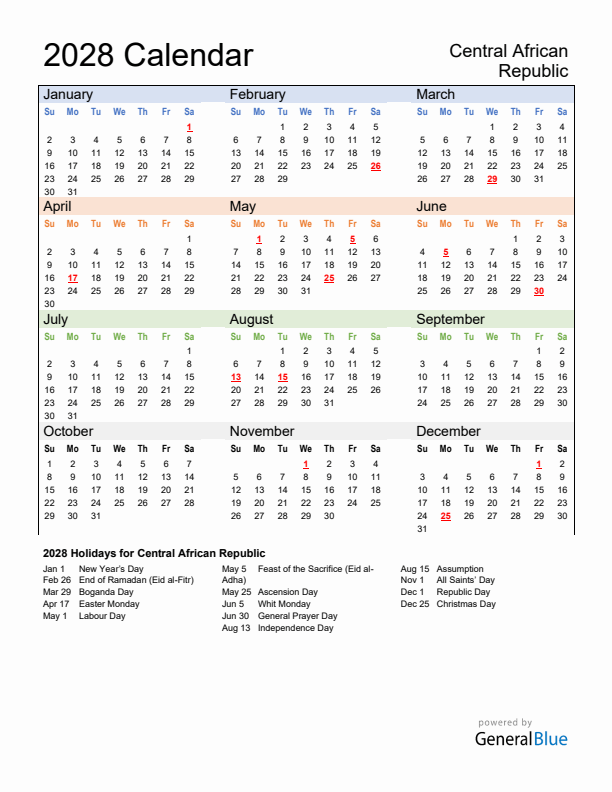 Calendar 2028 with Central African Republic Holidays