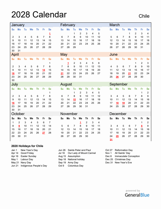 Calendar 2028 with Chile Holidays
