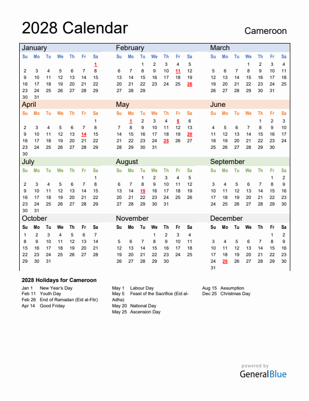Calendar 2028 with Cameroon Holidays