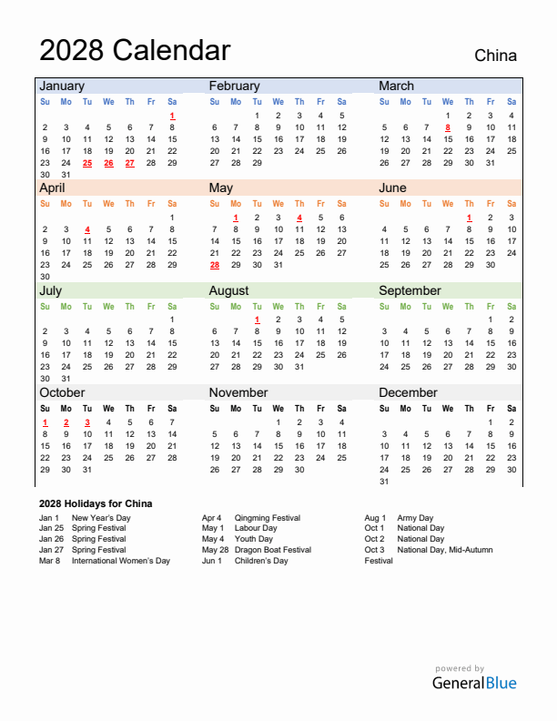 Calendar 2028 with China Holidays