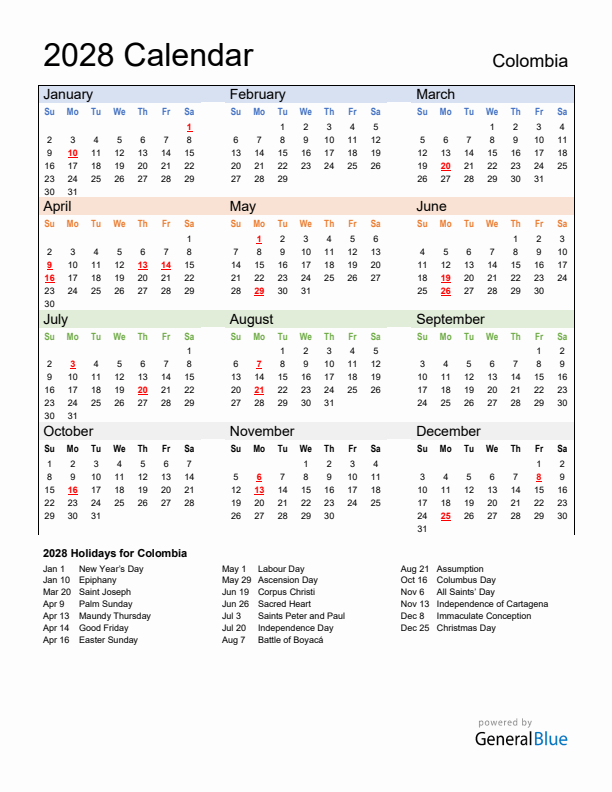 Calendar 2028 with Colombia Holidays