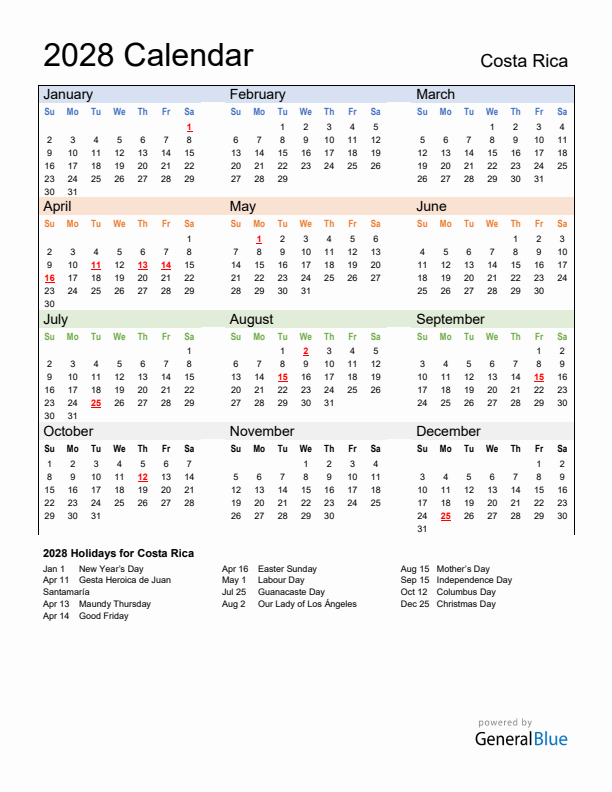 Calendar 2028 with Costa Rica Holidays