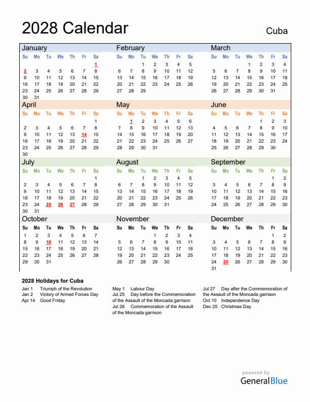 Calendar 2028 with Cuba Holidays