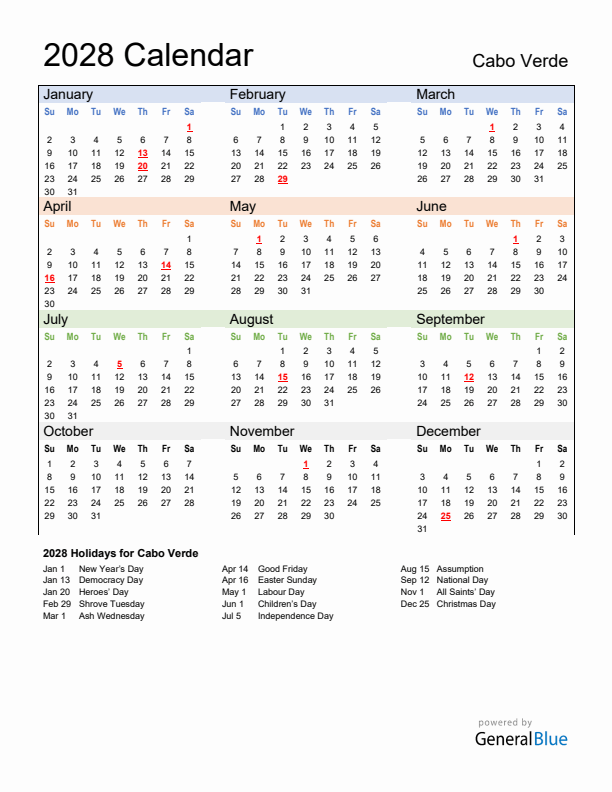 Calendar 2028 with Cabo Verde Holidays