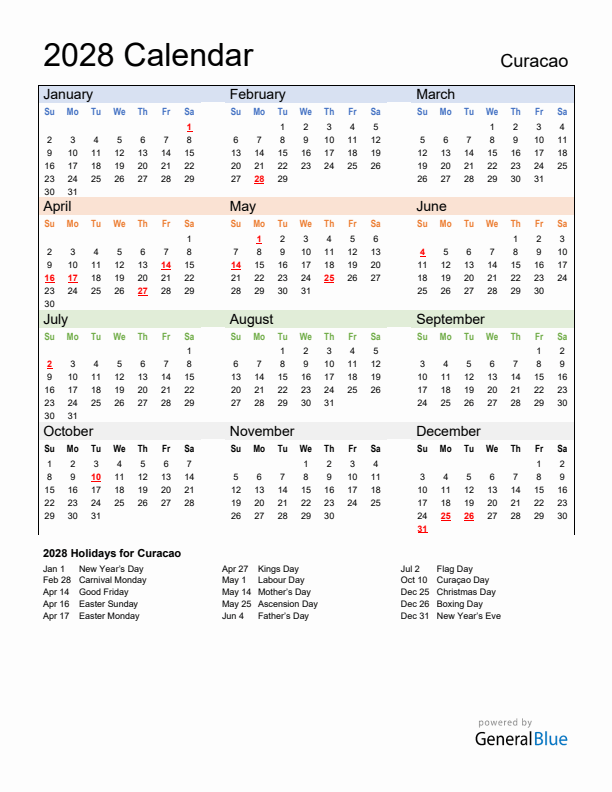 Calendar 2028 with Curacao Holidays