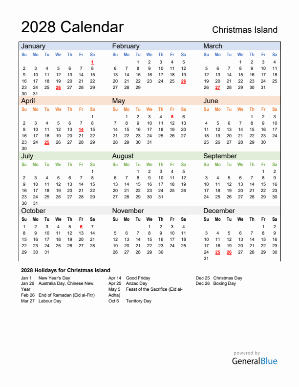 Calendar 2028 with Christmas Island Holidays