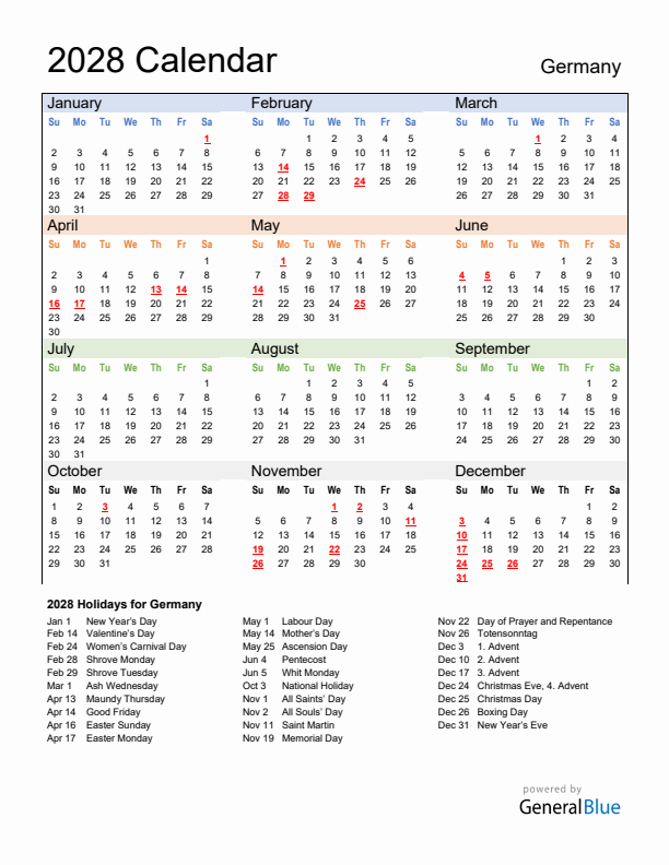 Calendar 2028 with Germany Holidays