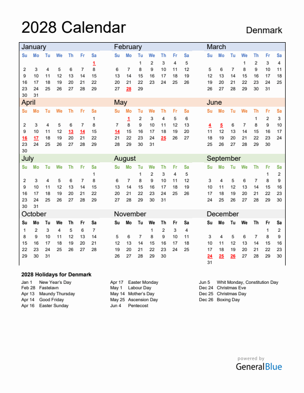 Calendar 2028 with Denmark Holidays