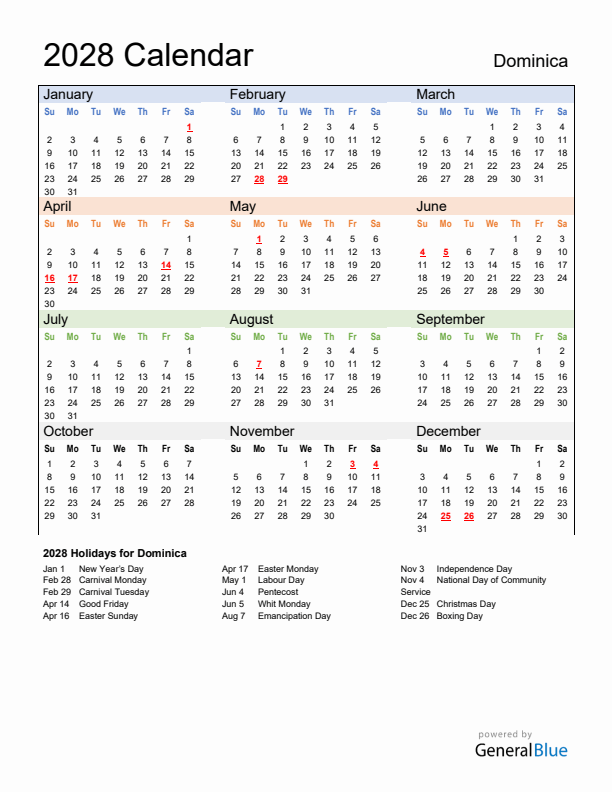 Calendar 2028 with Dominica Holidays