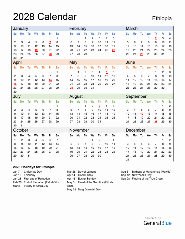Calendar 2028 with Ethiopia Holidays