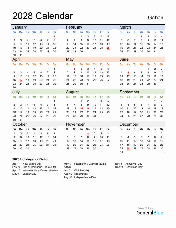 Calendar 2028 with Gabon Holidays