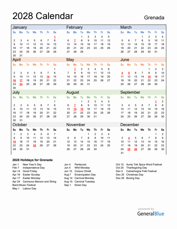 Calendar 2028 with Grenada Holidays