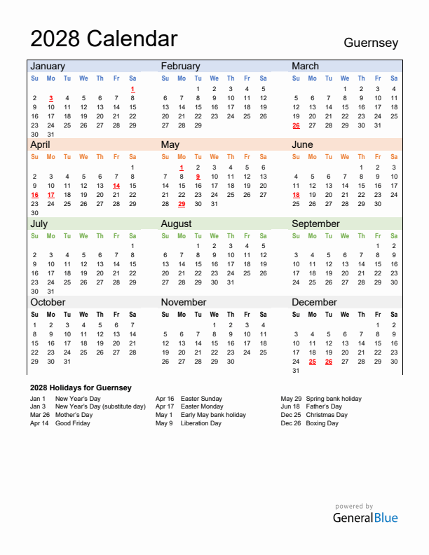 Calendar 2028 with Guernsey Holidays