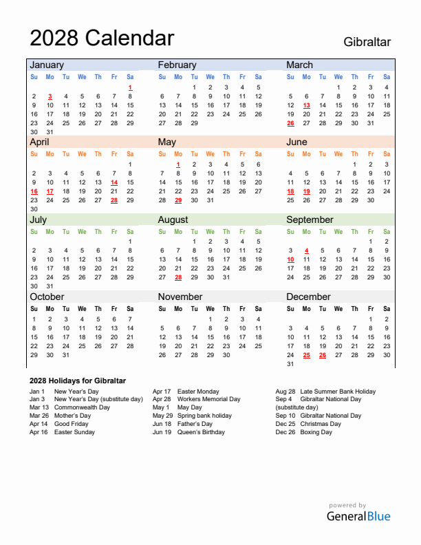 Calendar 2028 with Gibraltar Holidays