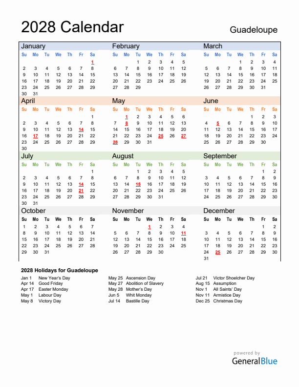 Calendar 2028 with Guadeloupe Holidays