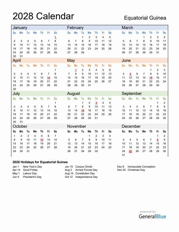 Calendar 2028 with Equatorial Guinea Holidays