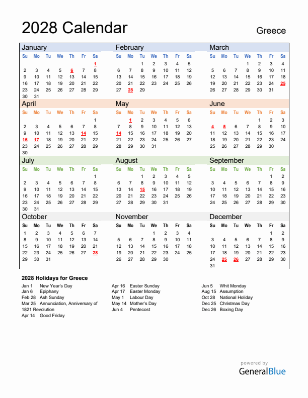 Calendar 2028 with Greece Holidays