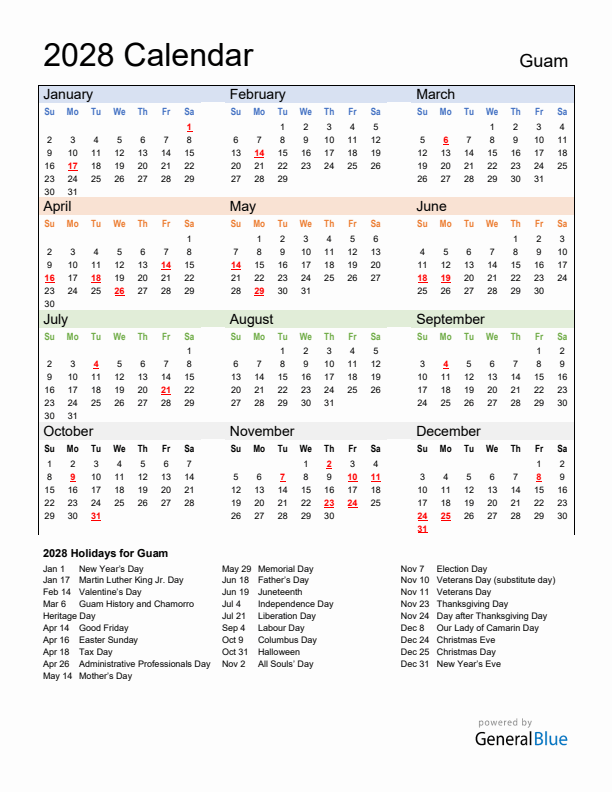 Calendar 2028 with Guam Holidays