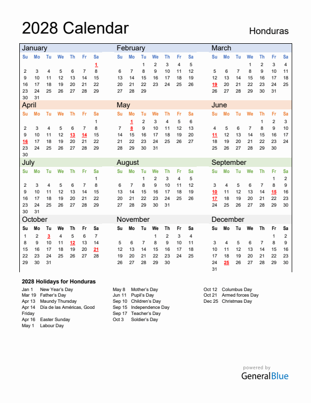 Calendar 2028 with Honduras Holidays
