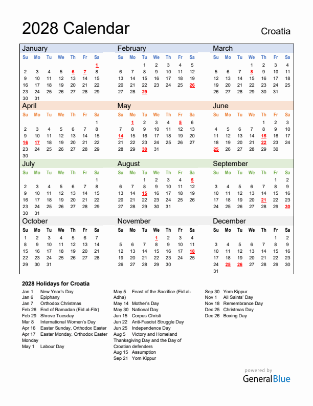 Calendar 2028 with Croatia Holidays