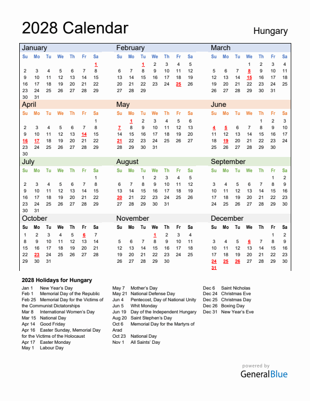 Calendar 2028 with Hungary Holidays