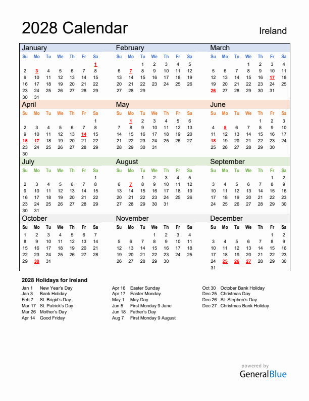 Calendar 2028 with Ireland Holidays