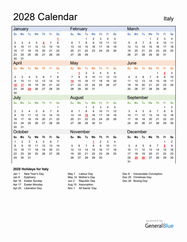 Calendar 2028 with Italy Holidays