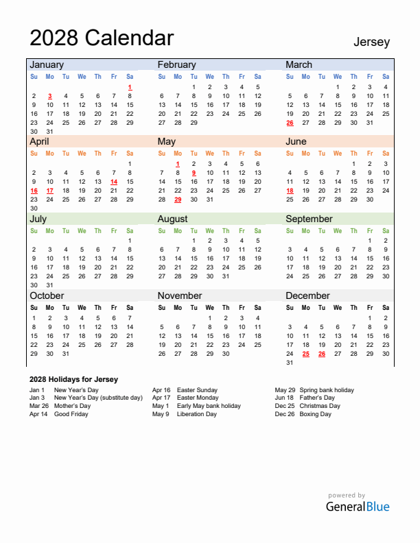 Calendar 2028 with Jersey Holidays