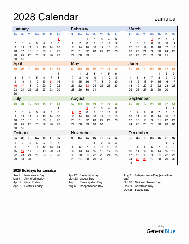 Calendar 2028 with Jamaica Holidays