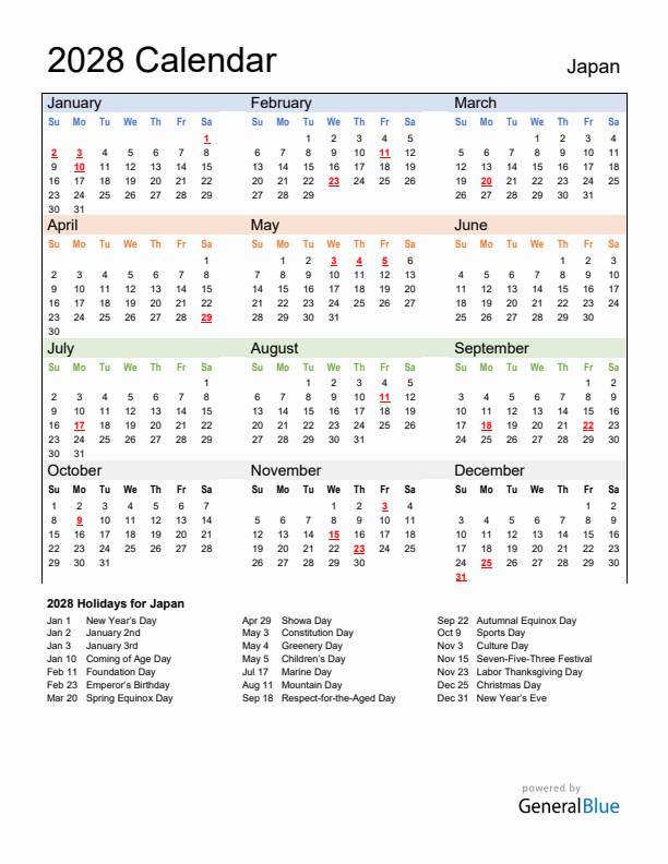 Calendar 2028 with Japan Holidays