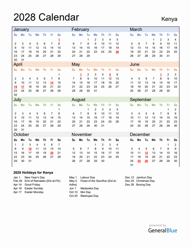 Calendar 2028 with Kenya Holidays