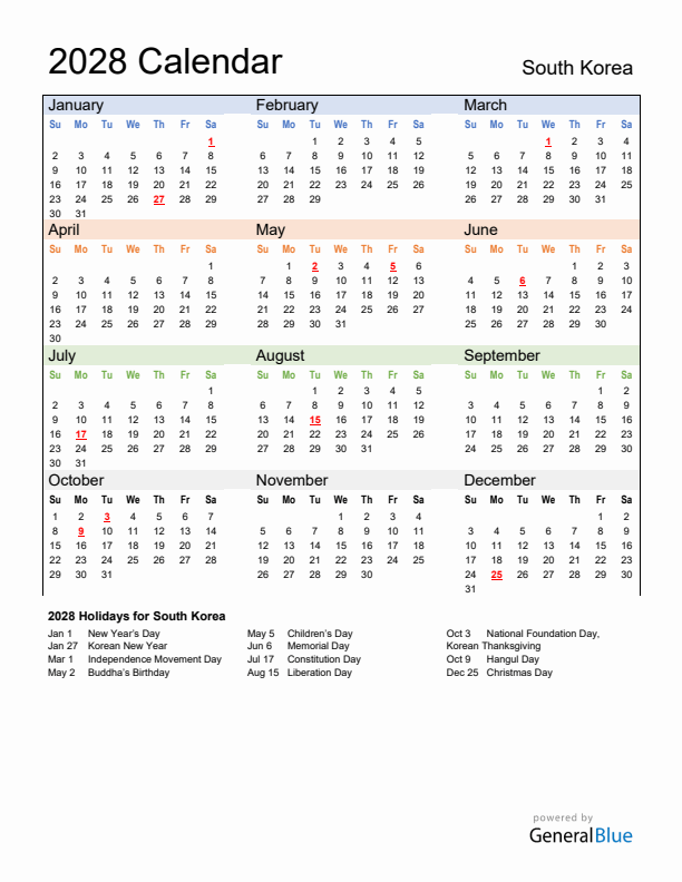 Calendar 2028 with South Korea Holidays